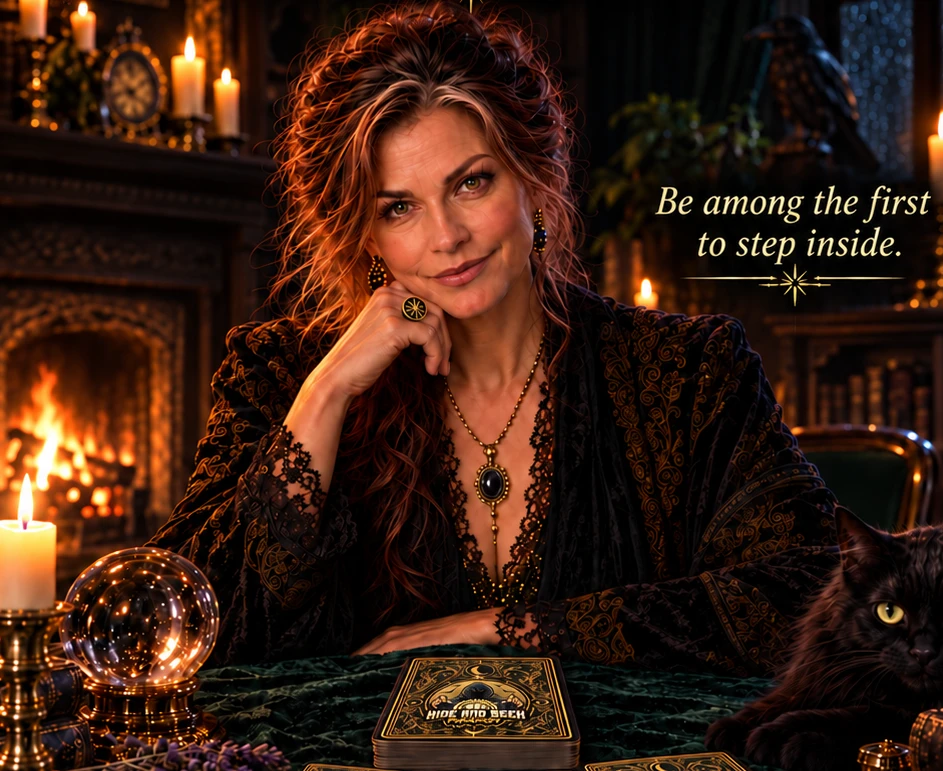 Evelyn seated at her tarot table in the candlelit Parlour
